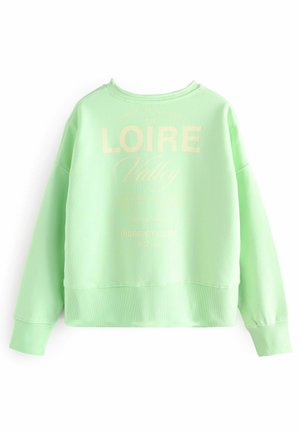 Hellgrüner Sweatshirt mit lockerer Passform, Rundhalsausschnitt, langen Ärmeln und bedrucktem Text "LOIRE Valley" in einer kontrastierenden Farbe.