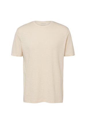 Schlichtes T-Shirt mit kurzen Ärmeln und Rundhalsausschnitt in einem hellbeigen Farbton, auf weißem Hintergrund dargestellt.