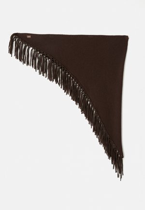 Brown triangular shawl made of textured fabric, featuring long fringes along one edge for added detail.