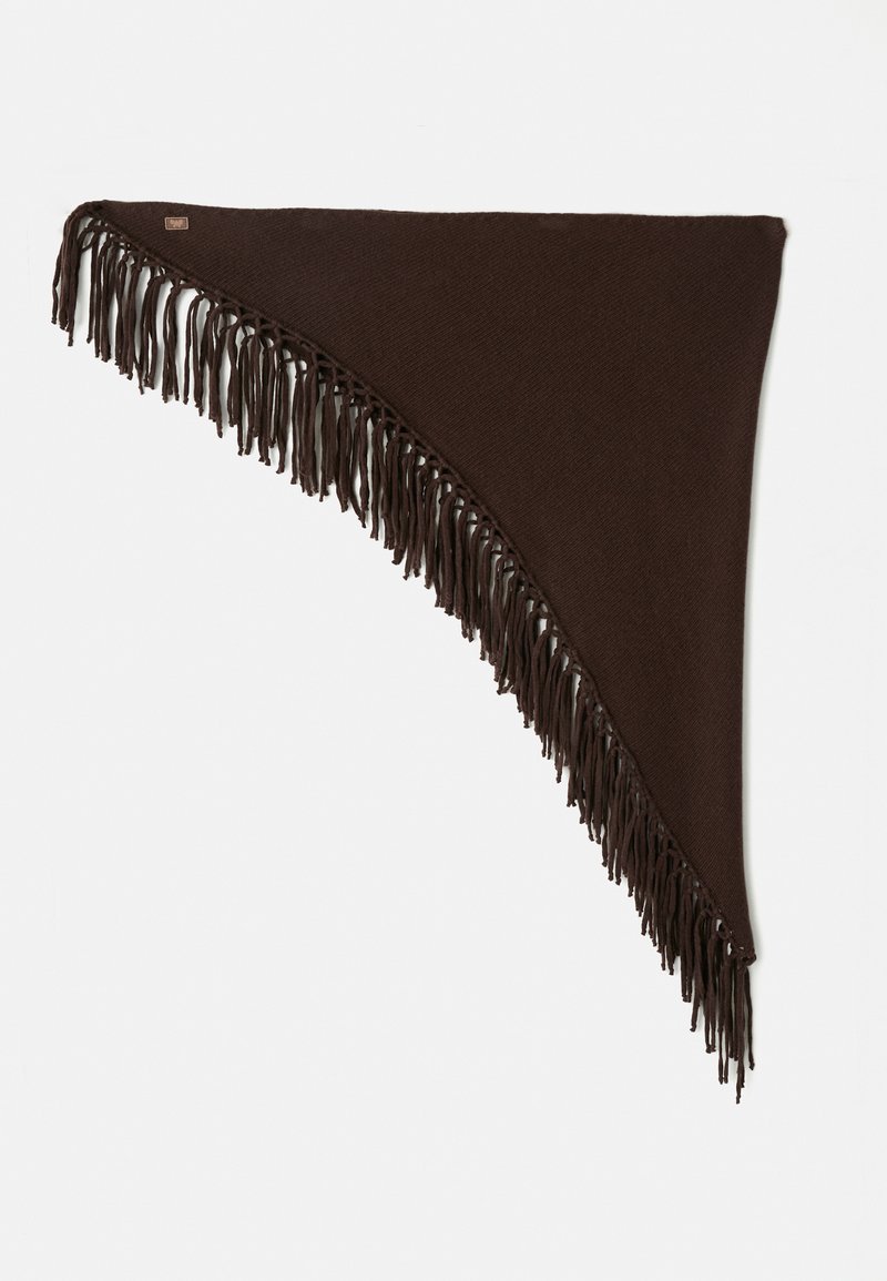 Brown triangular shawl made of textured fabric, featuring long fringes along one edge for added detail.