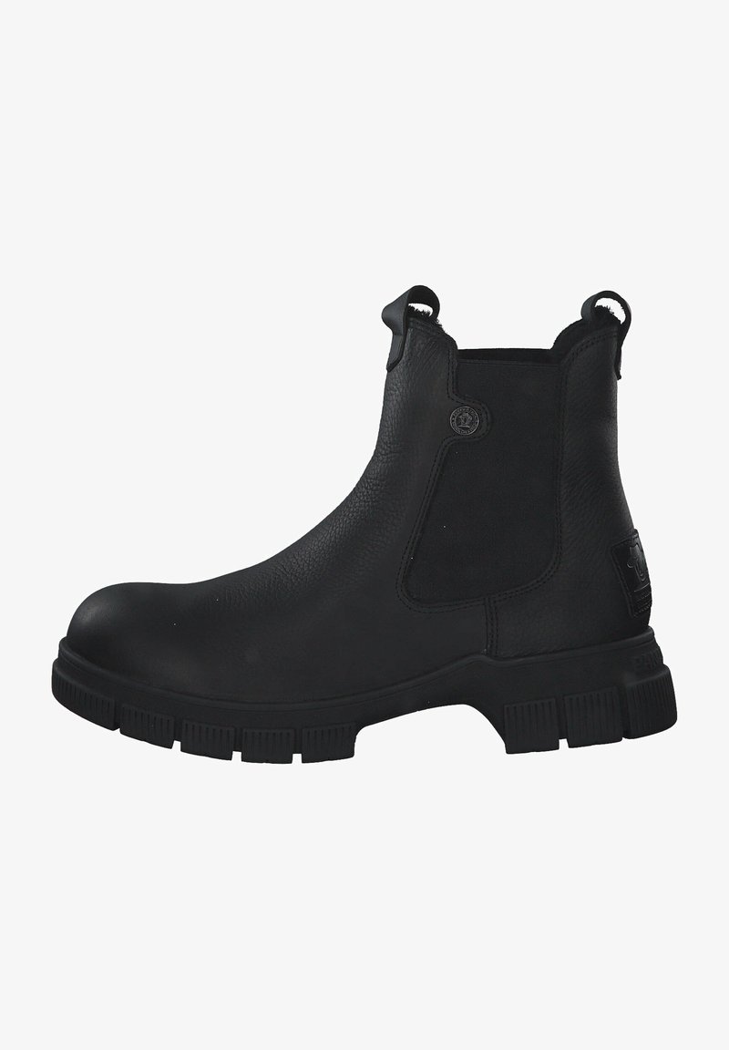 Bottines Chelsea en cuir noir avec des panneaux élastiques sur les côtés, finition texturée, bout rond et semelle en caoutchouc robuste avec un motif de bande de roulement prononcé.