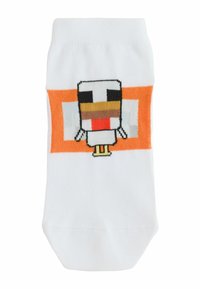 Chaussette blanche avec un poulet dessin animé pixelisé aux yeux noirs et au bec orange dans un rectangle orange.