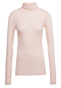 Helles rosa Rollkragenoberteil aus Rippstoff, mit langen �Ärmeln und taillierter Silhouette sowie hohem Kragen. Ohne Muster oder Akzente.