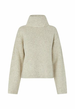 Jersey de punto beige con cuello alto, que presenta una textura de canalé vertical y hombros caídos para un ajuste relajado.