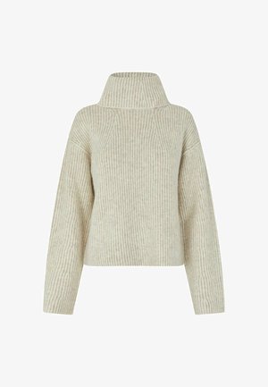Beige knitted sweater with a high collar, featuring vertical ribbing texture and dropped shoulders for a relaxed fit.