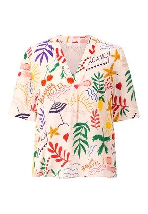 Blouse à manches courtes fleurie en crème avec des imprimés multicolores de fruits, d'étoiles et de feuilles. Dotée d'un col en V et d'une coupe décontractée.