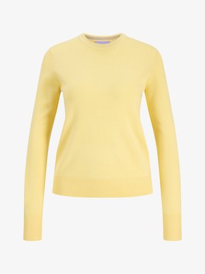 Kollane pika varrukaga ümarakaelusega kampsun soonikuga varrukaotste ja alaosaga, valmistatud peenest kudumkangast.