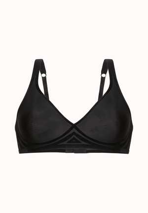 Zwarte bralette met een gladde textuur, driehoekige cups, minimalistisch ontwerp, verstelbare bandjes en subtiele geometrische details.