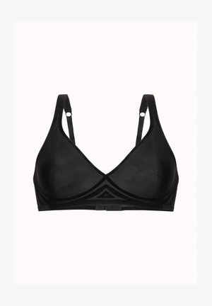 Bralette nera con una texture liscia, coppe triangolari, design minimalista, spalline regolabili e dettagli geometrici sottili.