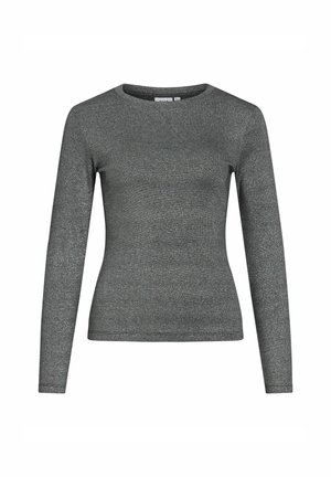 Camisa de manga larga en gris oscuro, hecha de una tela de punto metálica texturizada. Presenta un escote redondo y un diseño ajustado.