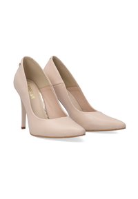 Nude béžové lodičky na vysokém podpatku s špičatým designem, hladký syntetický materiál a elegantní, minimalistická silueta.