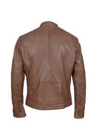 Braune Lederjacke mit Reißverschluss, gesteppten Akzenten an Schultern und Ellenbogen sowie Reißverschlussärmeln, mit einer glatten Textur und tailliertem Design.