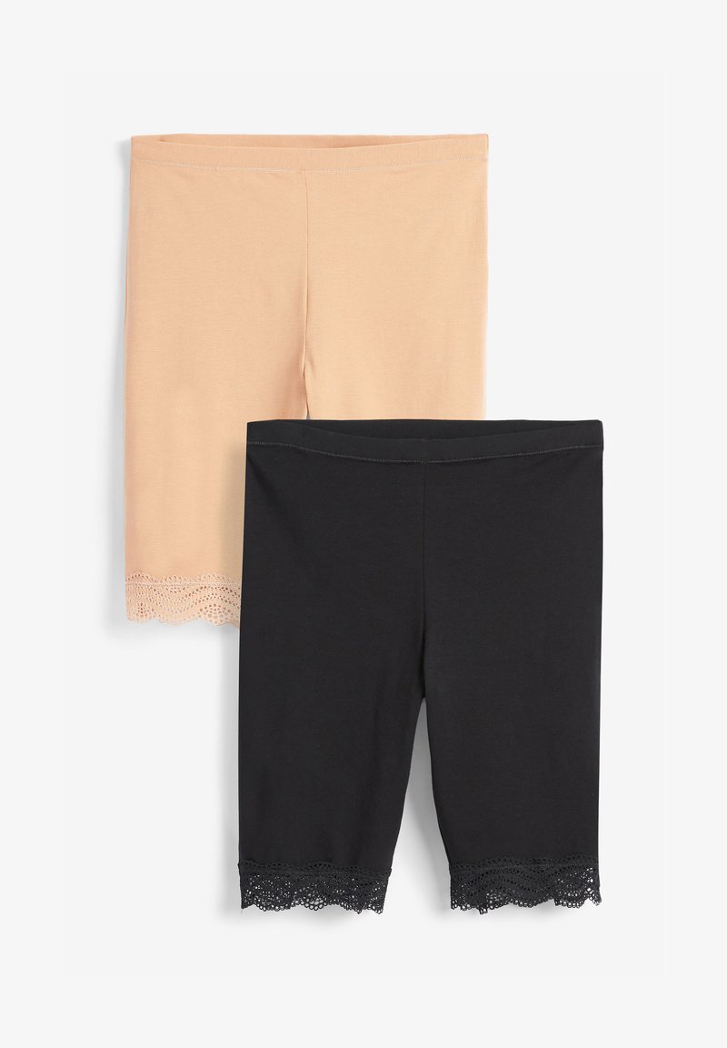 Two pairs of knee-length shorts; one beige and one black, both with lace trim at the hem. Soft fabric with an elastic waistband.