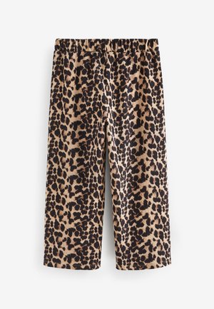 Luipaardprint broek in beige en zwart, met een elastische tailleband, cropped lengte en een textuurstof met een geribbeld patroon.