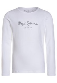 T-shirt a maniche lunghe bianco in cotone con logo argento "Pepe Jeans London" sul petto, colletto a giro e orlo dritto.