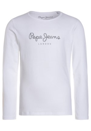 Vit långärmad t-shirt i bomull med en silverfärgad "Pepe Jeans London" logotyp över bröstet, med rundad halsringning och rak kant.