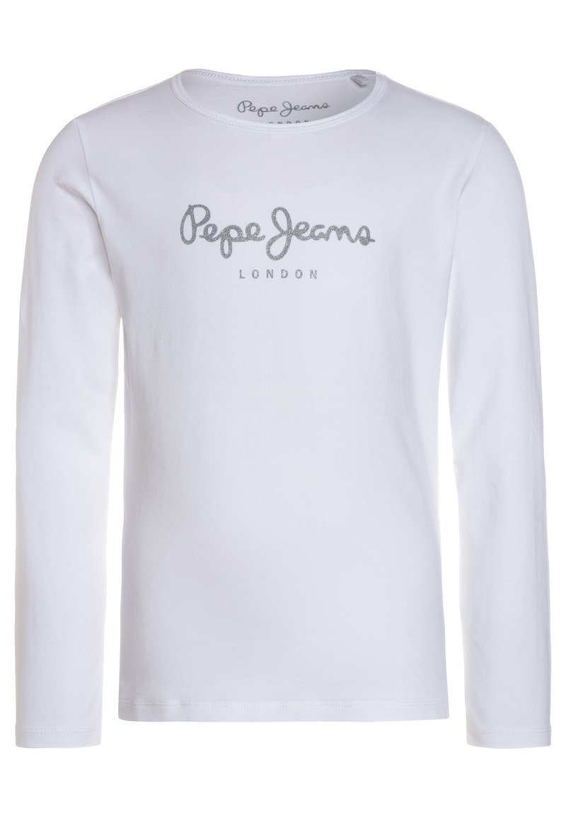 T-shirt a maniche lunghe bianco in cotone con logo argento "Pepe Jeans London" sul petto, colletto a giro e orlo dritto.