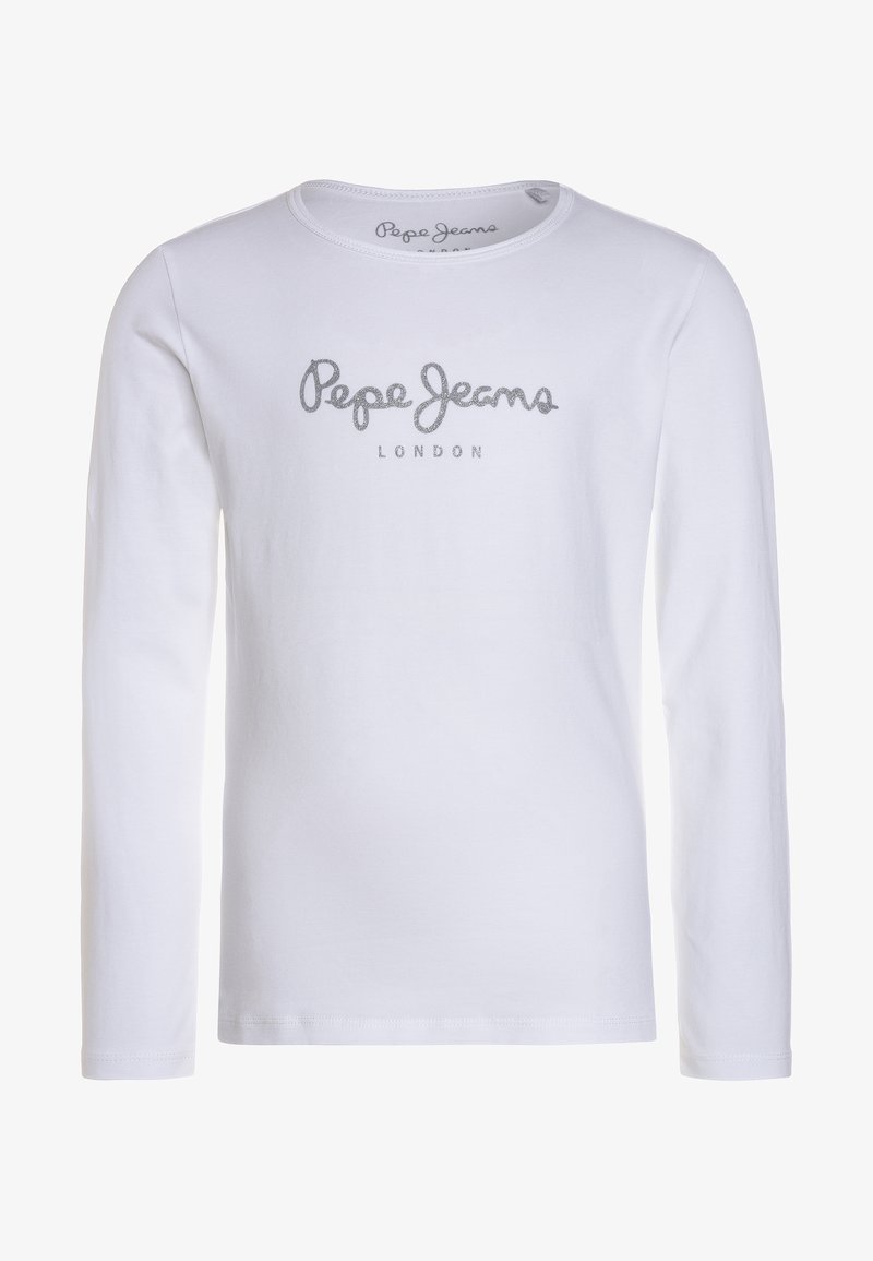 Langärmliges weißes T-Shirt aus Baumwolle mit silbernem "Pepe Jeans London"-Logo auf der Brust, Rundhalsausschnitt und geradem Saum.