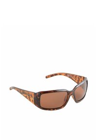 Gafas de sol carey con lentes marrones rectangulares, brazos marrones texturizados con un patrón de piel de serpiente, marco de plástico flexible.