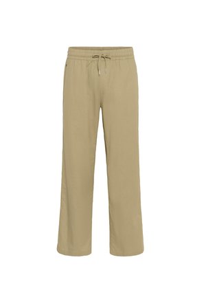 Lys beige linned bukser med en afslappet pasform, elastisk talje og justerbar snor. Lige ben-design uden synlige mønstre.