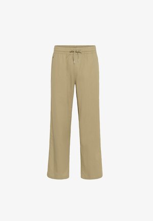 Pantalons en lin beige clair avec une coupe décontractée, une taille élastique et un cordon de serrage réglable. Design à jambes droites sans motifs visibles.