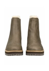 Stiefeletten aus olivgrünem Leder mit einem Futter aus Fell an der Oberkante, breiter Sohle mit Profilmuster und kontrastierenden hellen Nähdetails.