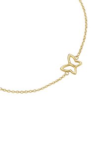 Auksinė grandinėlė su veltiniu drugelio pakabuku, turinčiu atvirą kontūro dizainą. Lygi tekstūra, klasikinė grandinėlės konstrukcija.