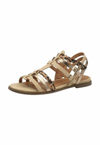 Sandalias beige con múltiples correas, acentos metálicos y un panel de estampado de leopardo. Diseño de punta abierta con suela plana y hebillas ajustables.