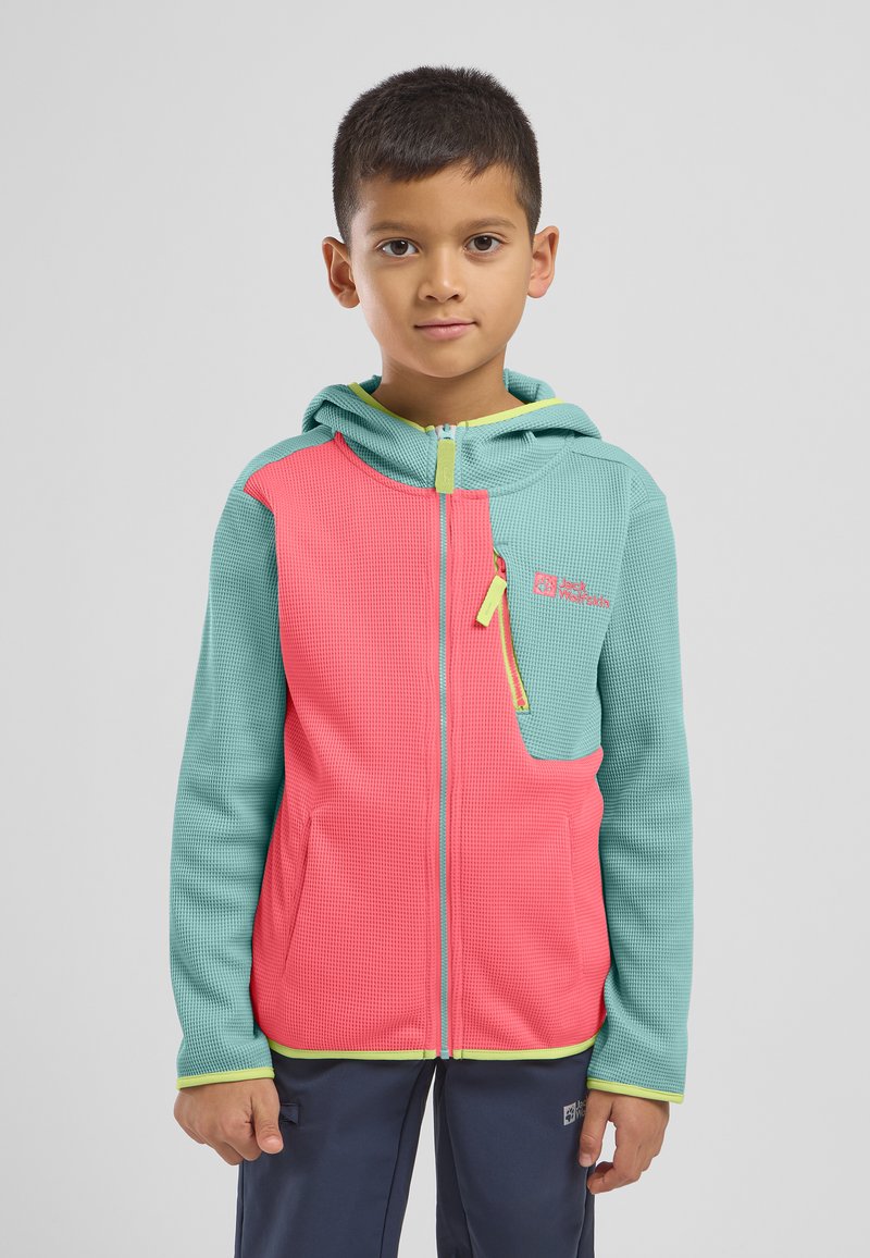 Felpa con zip dai colori vivaci, con sezioni rosa e turchese, tessuto testurizzato, tasche anteriori e accenti gialli a contrasto sulla zip.
