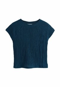 Strukturert mørk teal-top med korte ærmer, der har et krøllet design og rund hals. Lavet af et blødt, fleksibelt materiale.