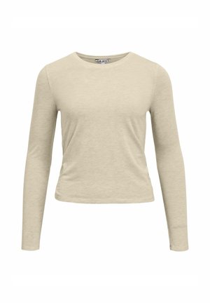 Beige långärmad skjorta av mjukt tyg med rund halsringning, åtsittande passform och slät yta. Inga mönster eller synlig hårdvara.
