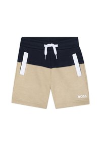 Shorts blu navy e beige realizzati in misto cotone con vita regolabile con cordino, dettagli bianchi e logo stampato in bianco sul lato inferiore destro.