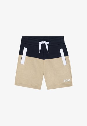 Shorts blu navy e beige realizzati in misto cotone con vita regolabile con cordino, dettagli bianchi e logo stampato in bianco sul lato inferiore destro.