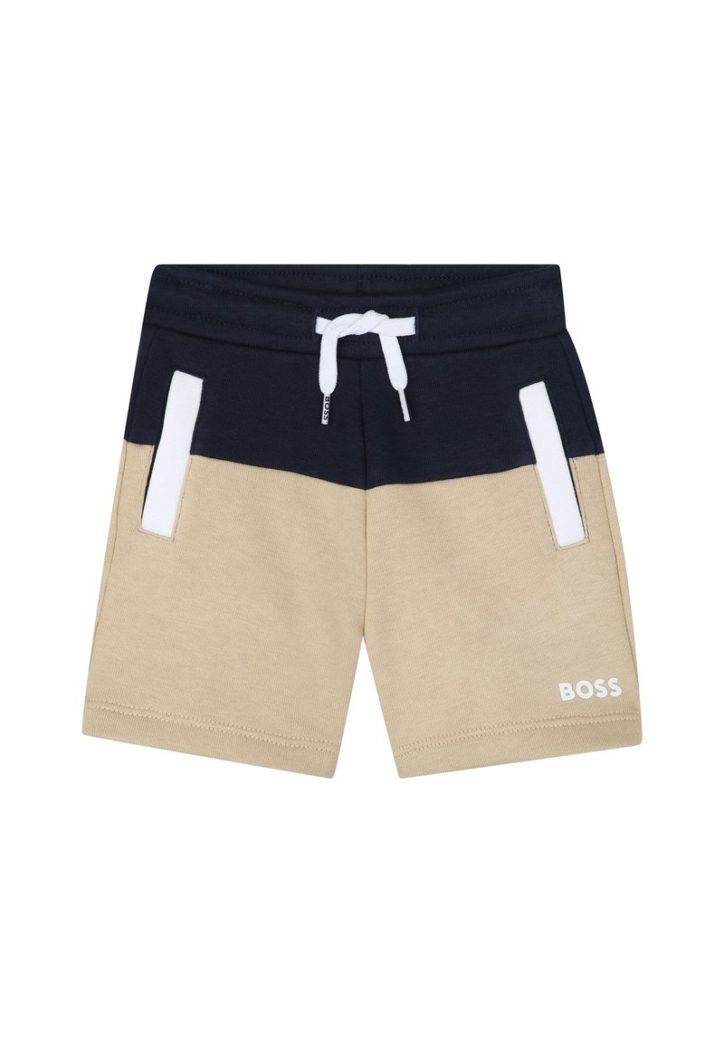 Shorts blu navy e beige realizzati in misto cotone con vita regolabile con cordino, dettagli bianchi e logo stampato in bianco sul lato inferiore destro.