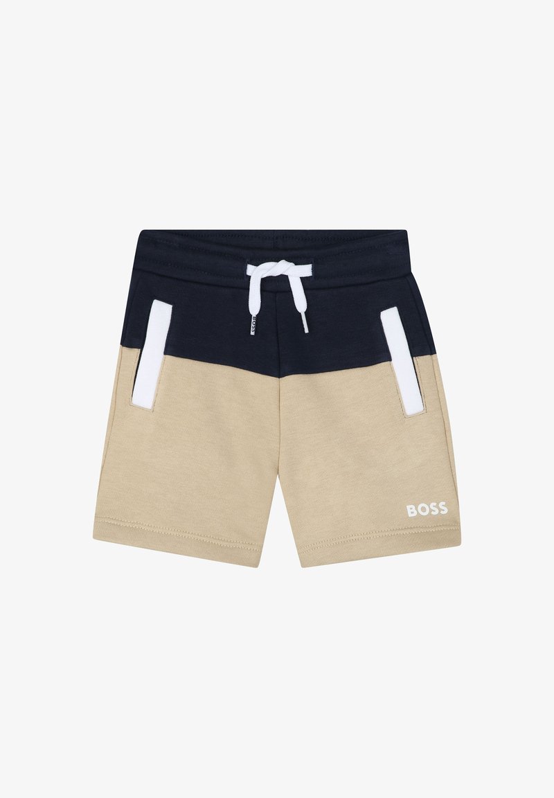 Shorts blu navy e beige realizzati in misto cotone con vita regolabile con cordino, dettagli bianchi e logo stampato in bianco sul lato inferiore destro.