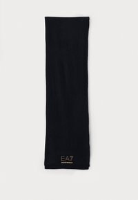 Zwarte gebreide sjaal met een zachte textuur en een rechthoekige vorm. Heeft een goud geborduurd EA7-logo nabij de onderrand.