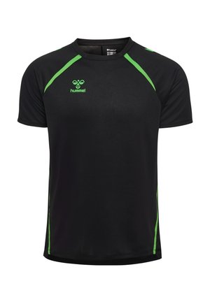 Schwarzes Sport-T-Shirt mit kurzen Ärmeln, grünen Akzenten und Hummel-Logo auf der Brust, aus atmungsaktivem Stoff.