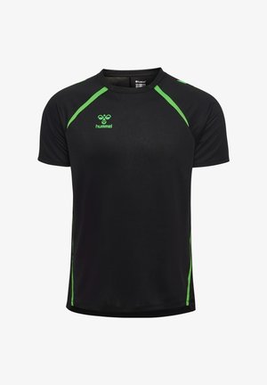 Schwarzes Sport-T-Shirt mit kurzen Ärmeln, grünen Akzenten und Hummel-Logo auf der Brust, aus atmungsaktivem Stoff.