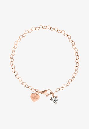 Armband aus roségold mit herzförmigen Gliedern, ausgestattet mit zwei Charms: einem flachen Herz mit Gravur und einem Kristallherz.