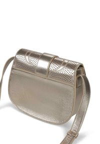 Bolso cruzado metálico dorado con forma redondeada, diseño perforado en la tapa y textura suave. Presenta una correa plana y cierre de clasp.