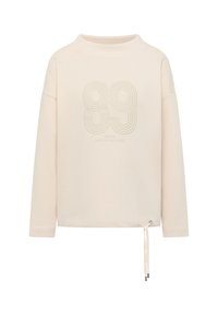 Hellbeiges Sweatshirt mit langen Ärmeln und Rundhalsausschnitt, versehen mit einem geprägten "88"-Design und verstellbarem Saum mit Kordelzug.