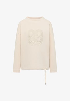 Světlá béžová mikina s dlouhým rukávem a kulatým výstřihem, zdobená vyraženým motivem "88" a nastavitelným stahovacím lemem.