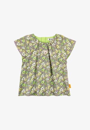 Haut à manches courtes à motif floral avec des fleurs vertes, violettes et jaunes sur fond gris. Comprend un appliqué d'ours et un design plissé.