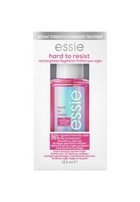 Le durcisseur d'ongles Essie Hard to Resist dans un flacon transparent avec une étiquette rose et irisée, comportant du texte blanc et un bouchon blanc sécurisé.