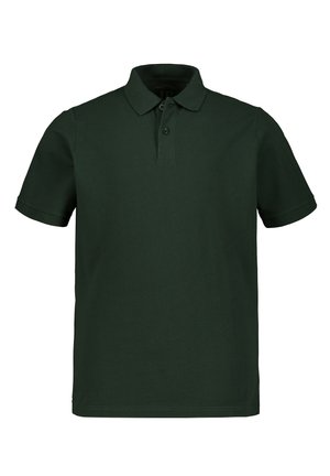 Polo shirt verde scuro, maniche corte, colletto classico, con patta a tre bottoni, realizzato in cotone, tessuto strutturato, vestibilità su misura.