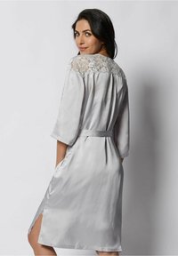 Rochie de satin gri deschis cu dantelă la umeri, mâneci scurte, talie legată și buzunare laterale. Fante laterale notabile pentru ușurința mișcării.