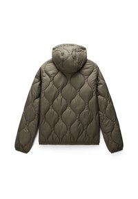 Gequiltede hooded jack in olijfgroen, met een textuur van golfpatroon, elastische manchetten en een fitted zoom voor een snug fit.
