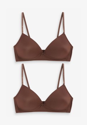 Bra in braun mit dünnen verstellbaren Trägern, glatter Textur und einem kleinen Schleifchen in der Mitte vorne. Weicher Fabric-Finish.