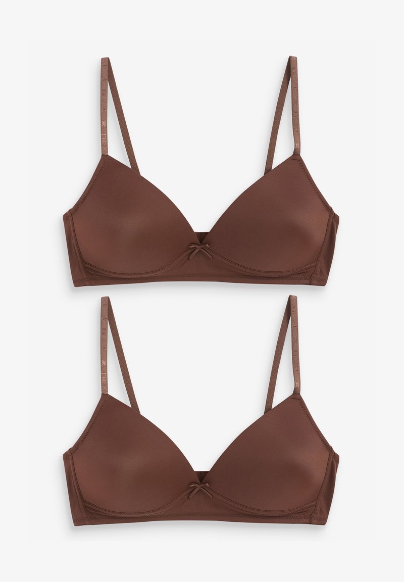 Bra in braun mit dünnen verstellbaren Trägern, glatter Textur und einem kleinen Schleifchen in der Mitte vorne. Weicher Fabric-Finish.