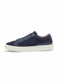 Navy blue sneaker with mesh and suede materials, slip-on design, white rubber sole, and minimal stitching accents.